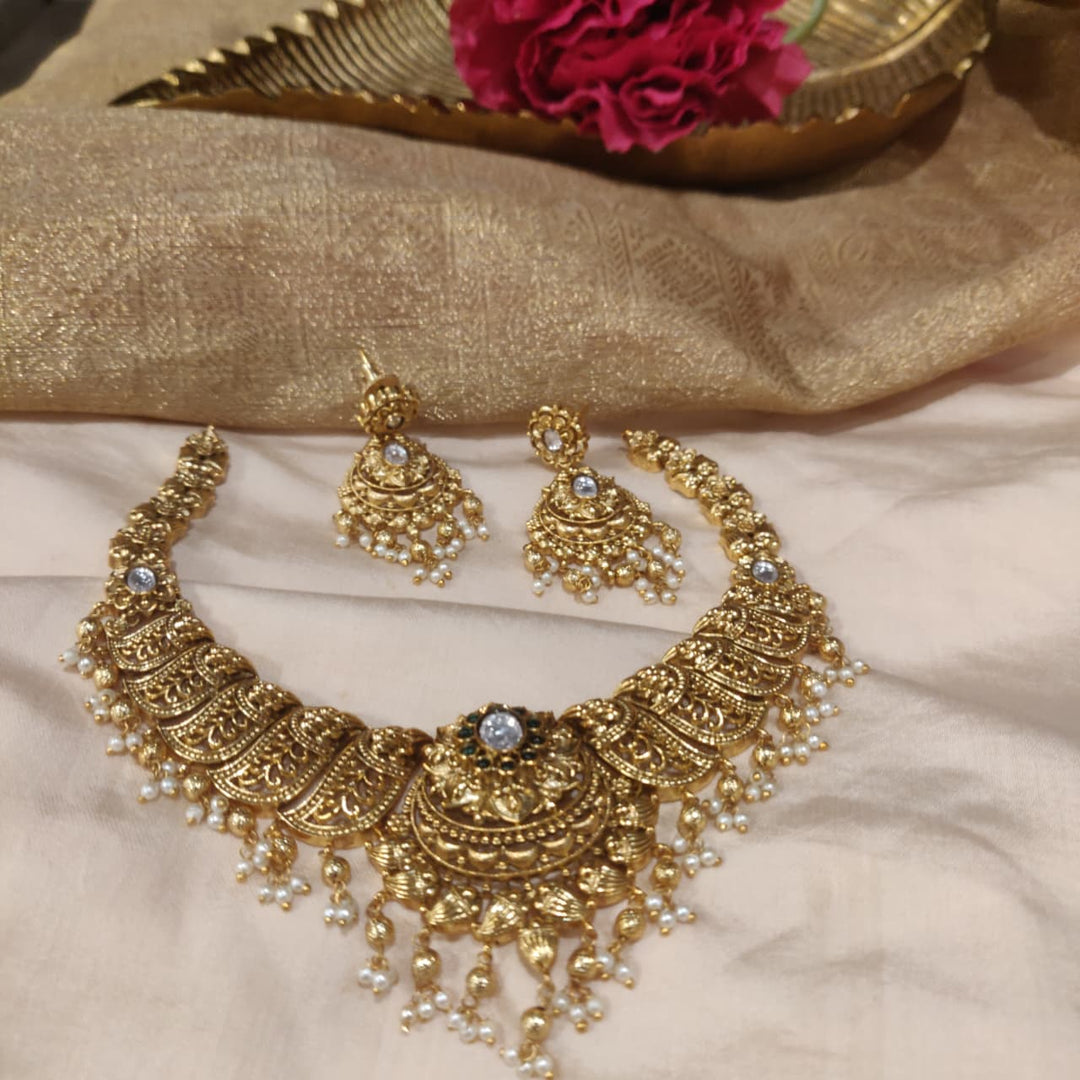 Exquisite Floral Golden Choker with Golden Beads