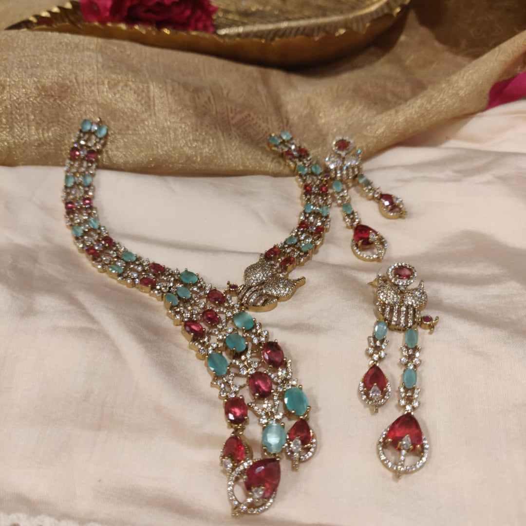 Dazzling Mint Ruby AD Stone Droplet Necklace