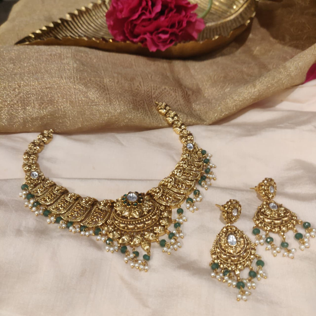 Exquisite Floral Golden Choker with Green Beads