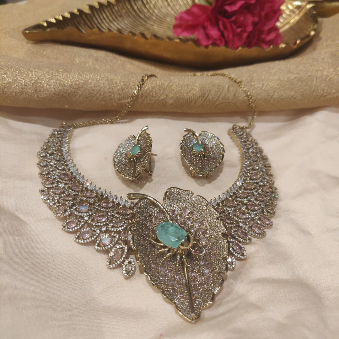 Timeless Rosepink Leaf Design Necklace with Mint AD Stone