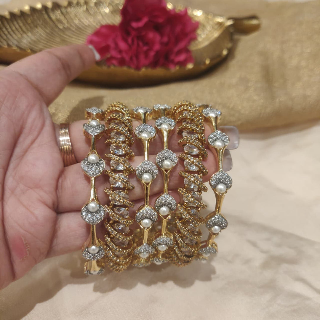 Lustrous Crystal AD Stone Golden White Pearl Bangle Combo