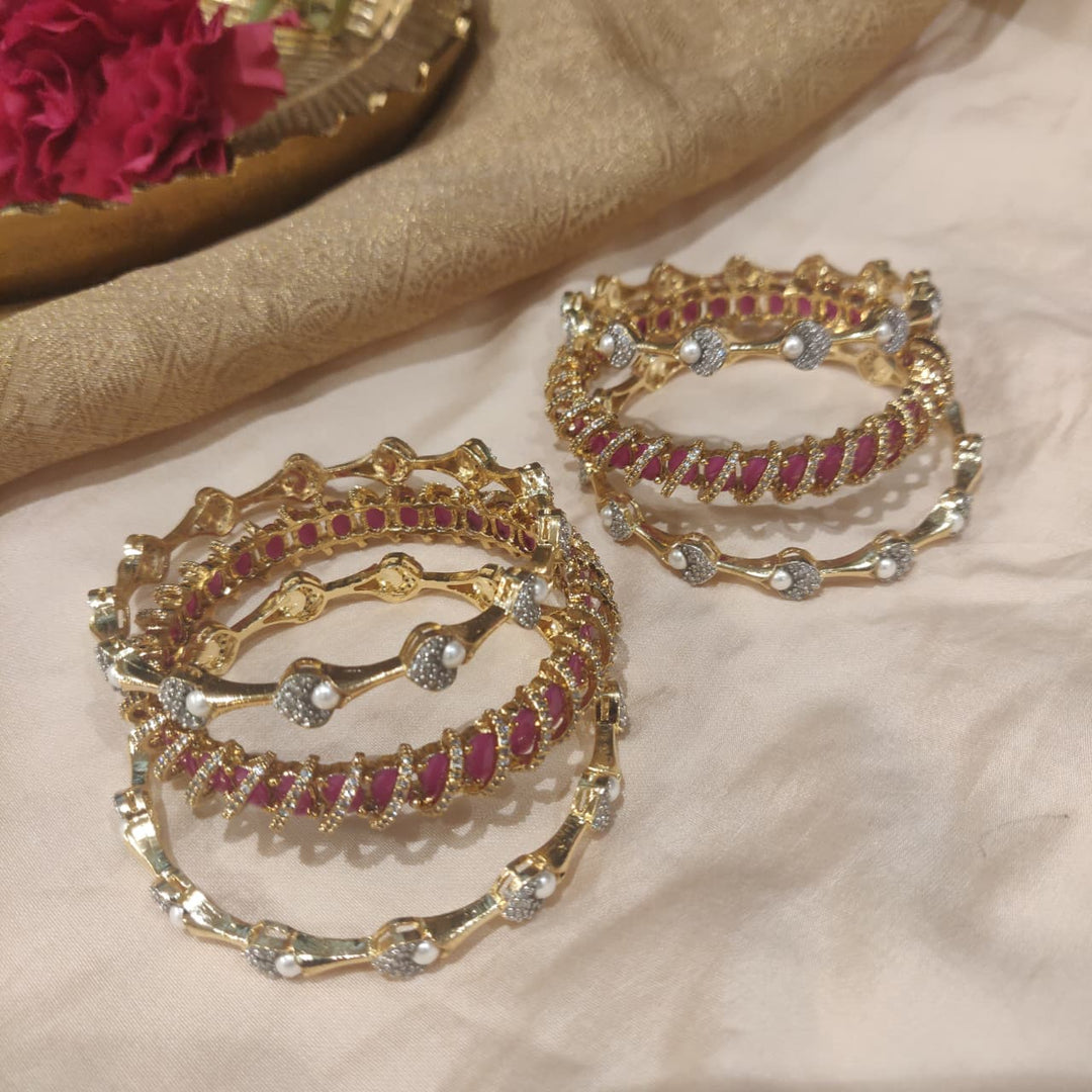 Lustrous Ruby AD Stone Golden White Pearl Bangle Combo