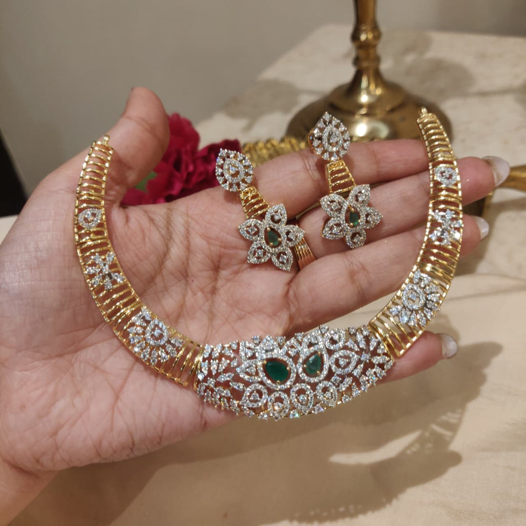 Elegant Golden CZ Green AD Stone Necklace