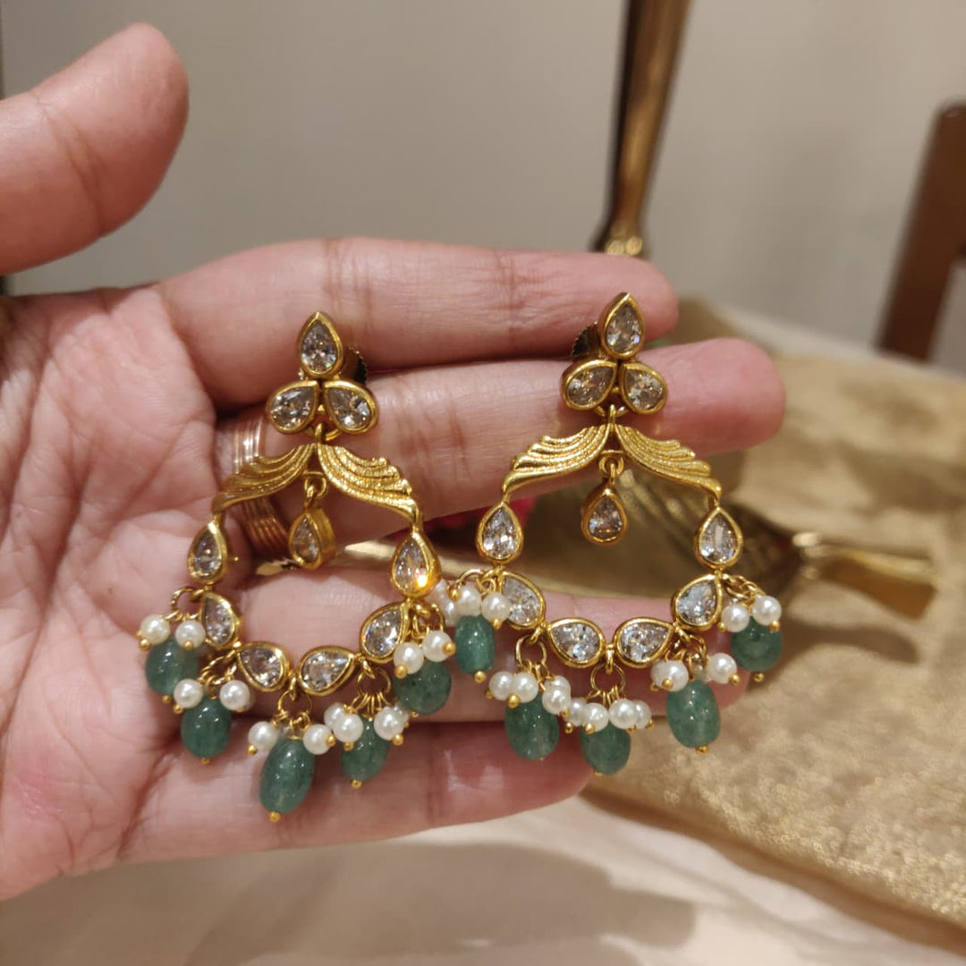 Dazzling Golden Kundan Stone Earing with Green Beads