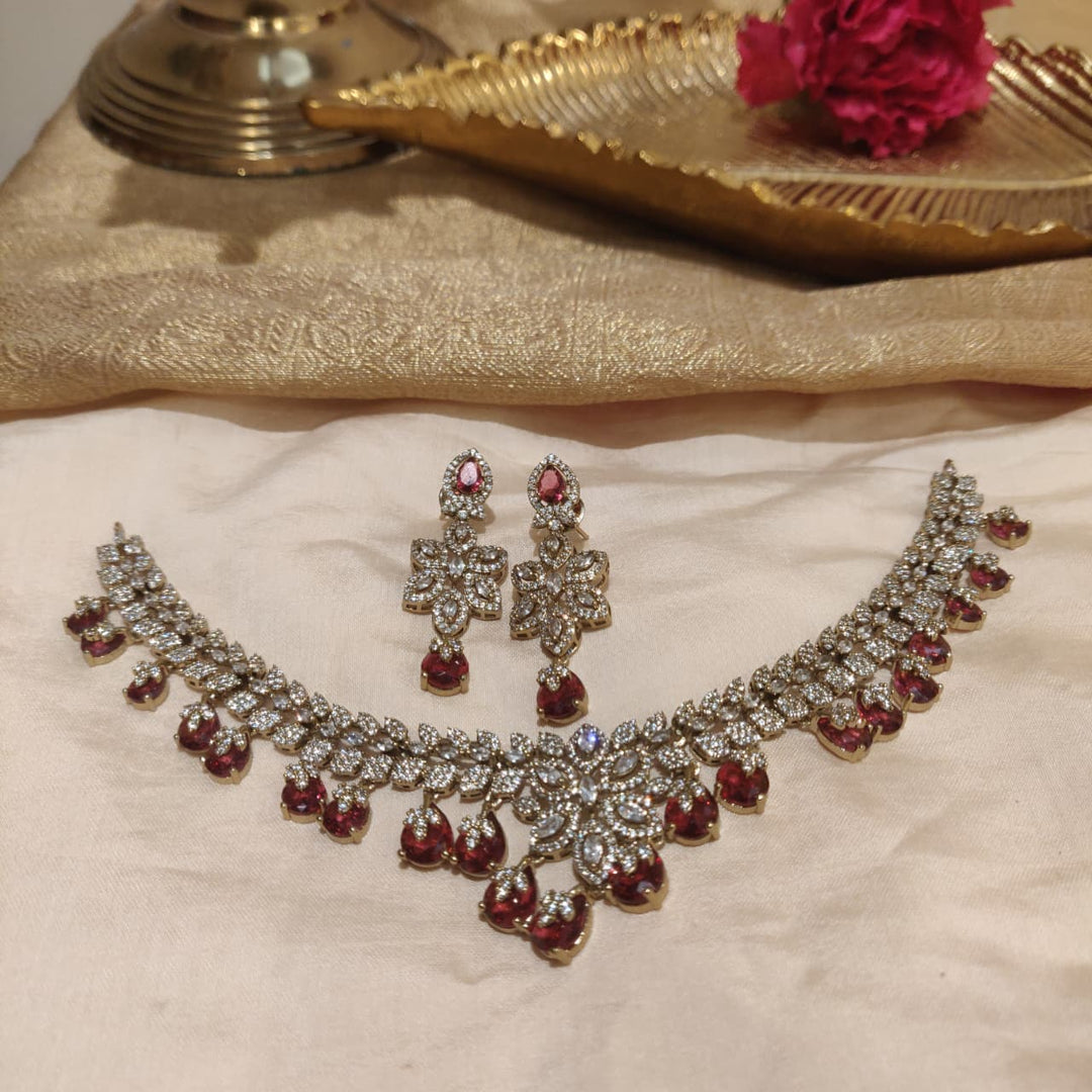 Elegant Floral AD Stone Necklace with Droplet Red Stones