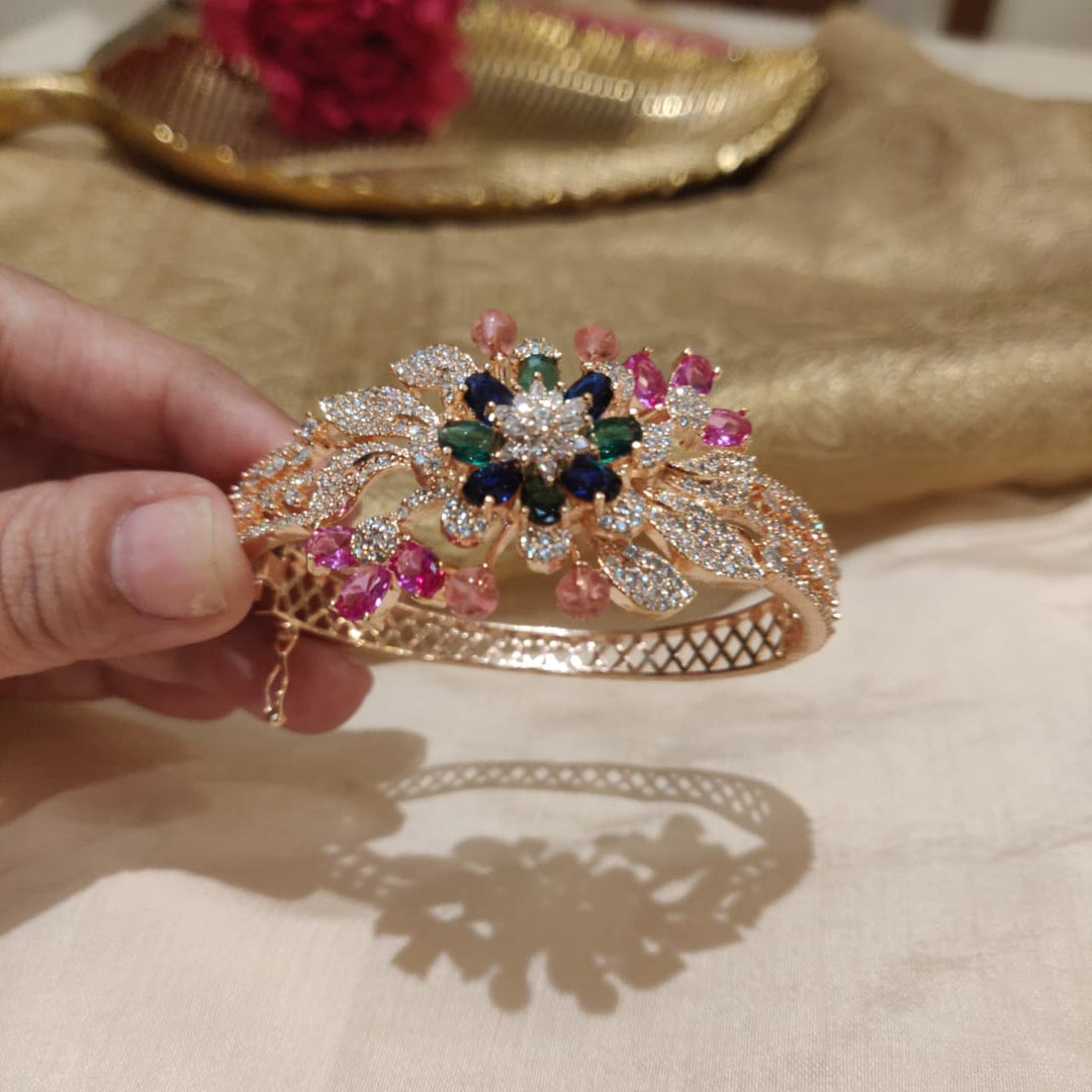 Sparkling Golden CZ Floral Rosepink Green Stone Kada