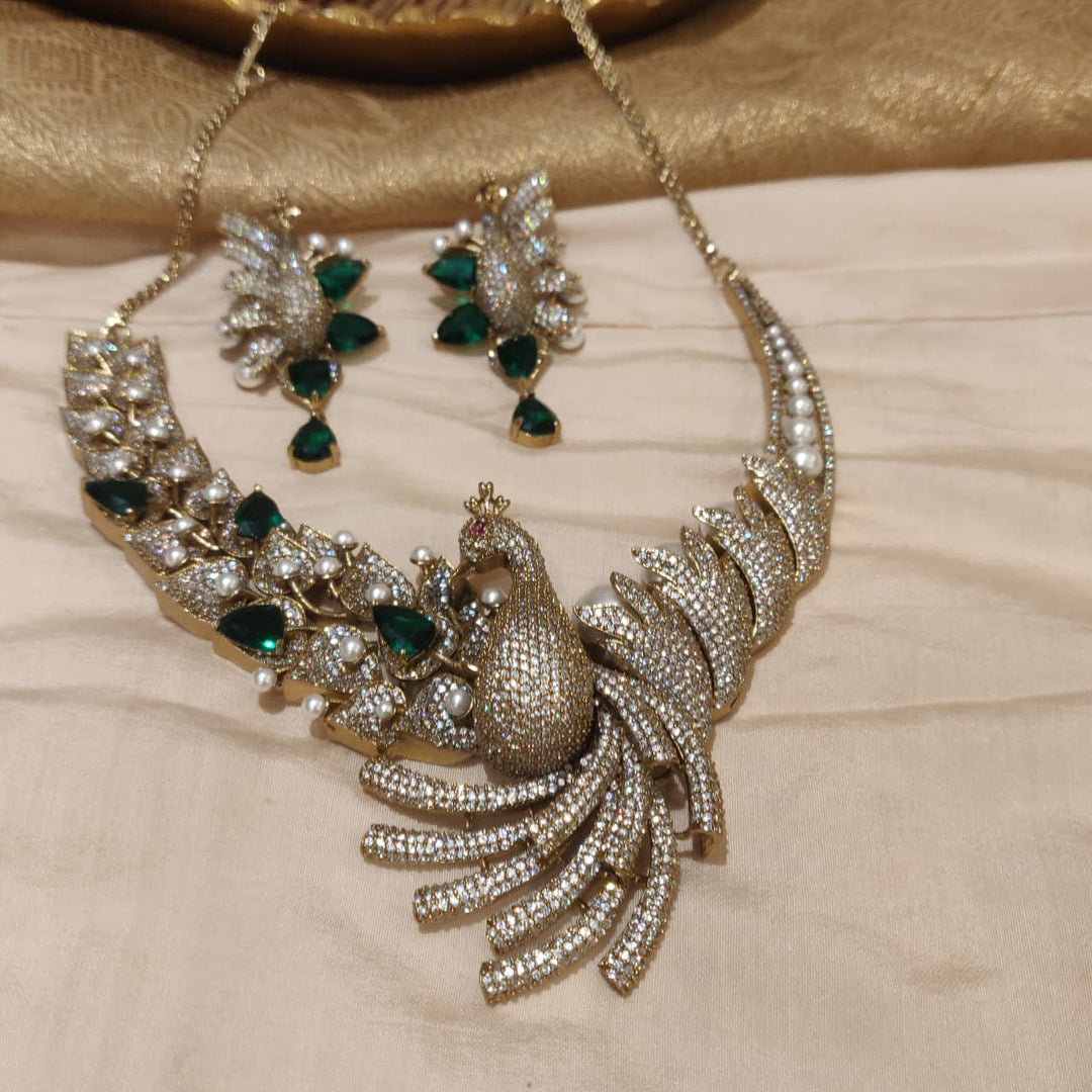 Timeless AD Crytsal Green Stone Peacock Necklace