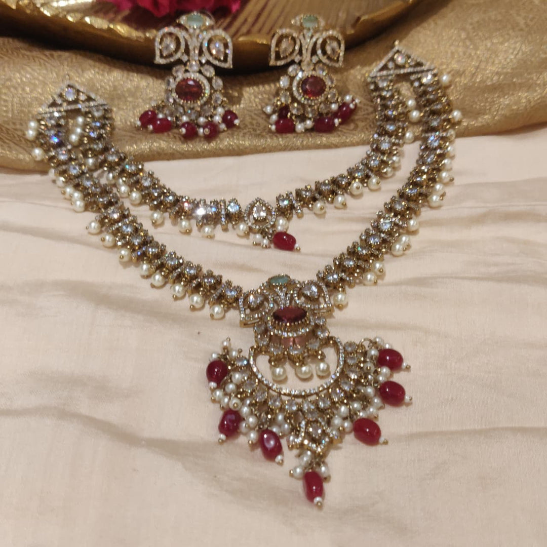 Elegant 2 Layer Mint Ruby AD Stone 2 Layer Necklace with white Pearl