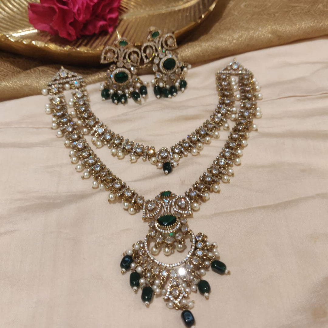 Lustrous AD 2 Layer Long Neckalce with Green Beads