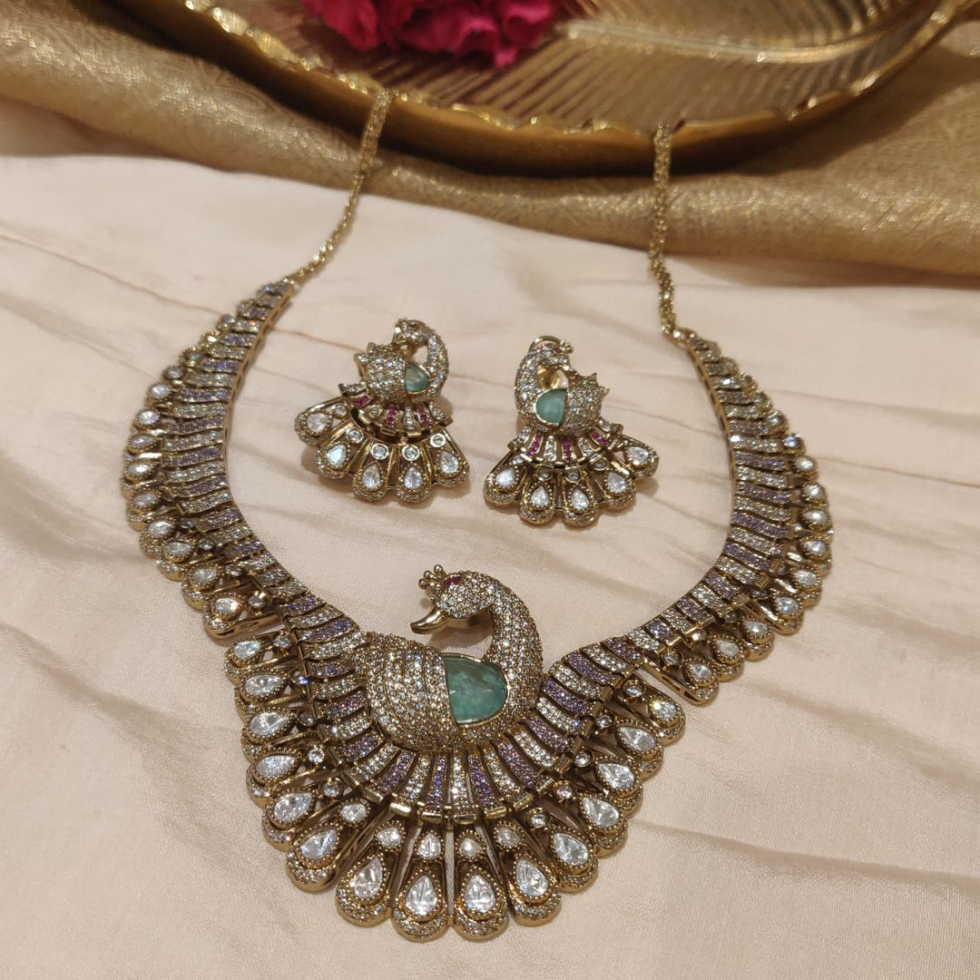 Radiant Mint AD Peacock Necklace with Droplet Kundan Stones