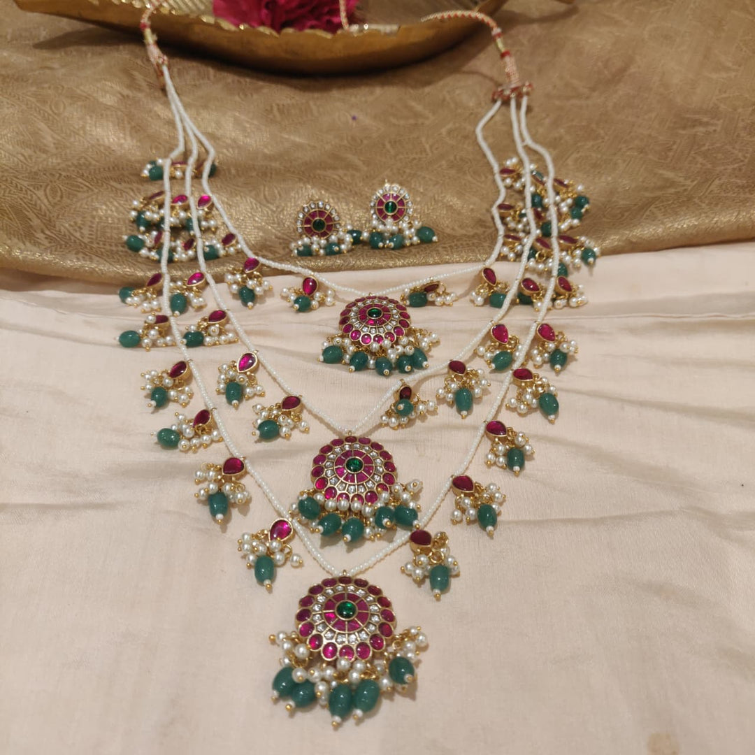 Majestic Ruby Jadau stone Floral 3 Layer Necklace with white Green Beads