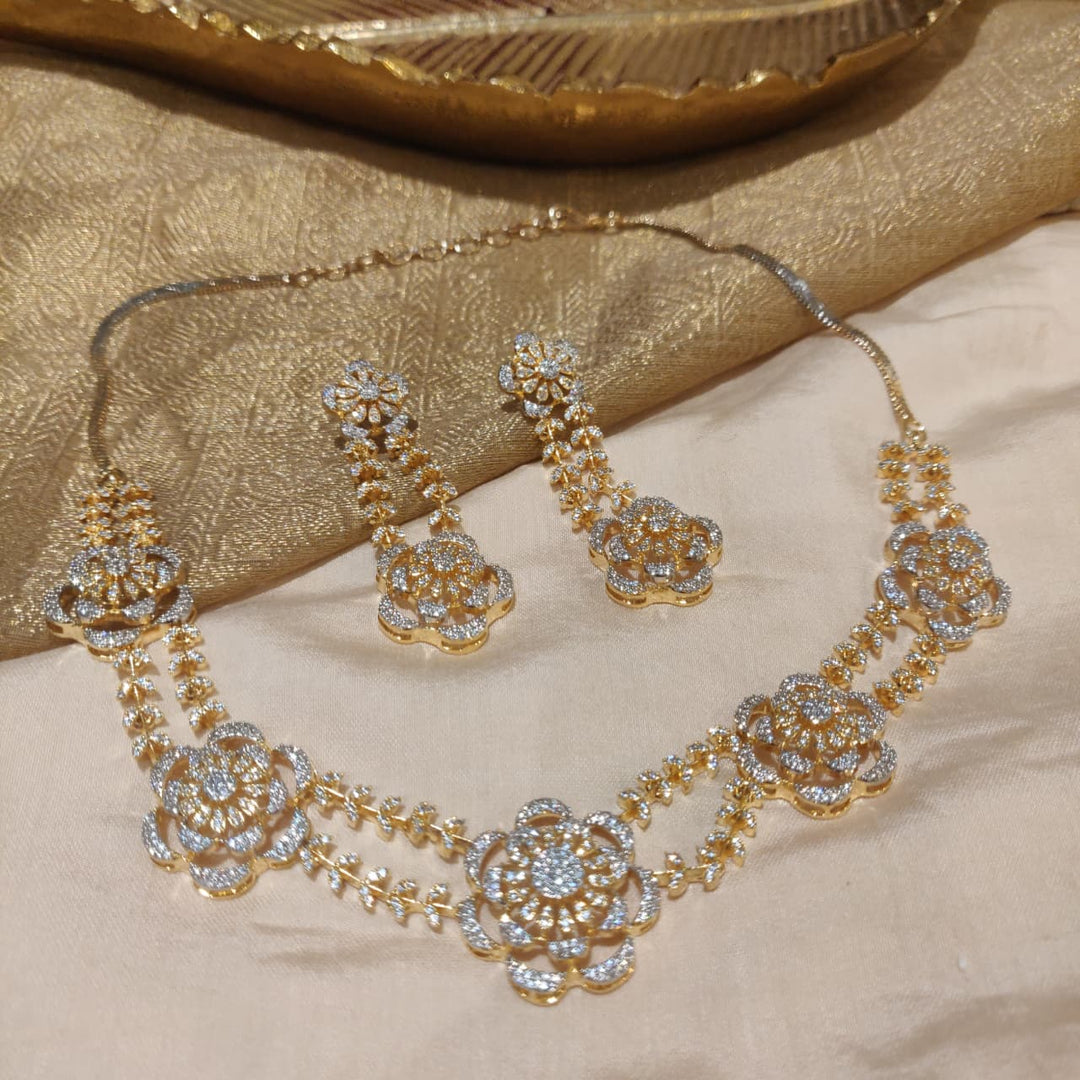 Elegant Golden CZ Floral 2 Layer Necklace
