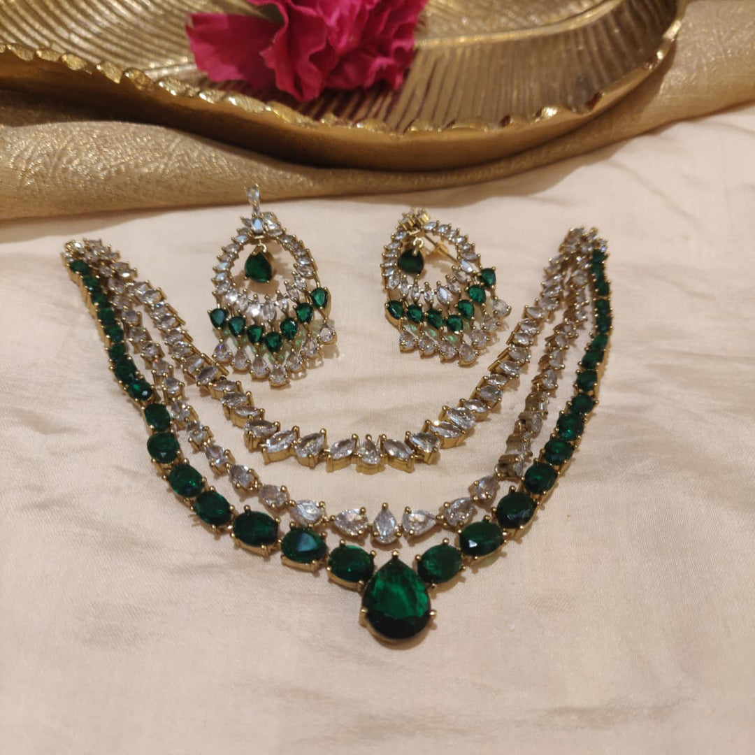 Refined 3 Layer Crystal Green AD Stone Necklace