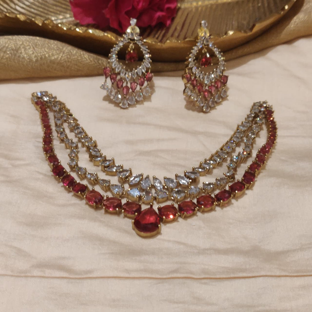 Refined 3 Layer Crystal Ruby AD Stone Necklace