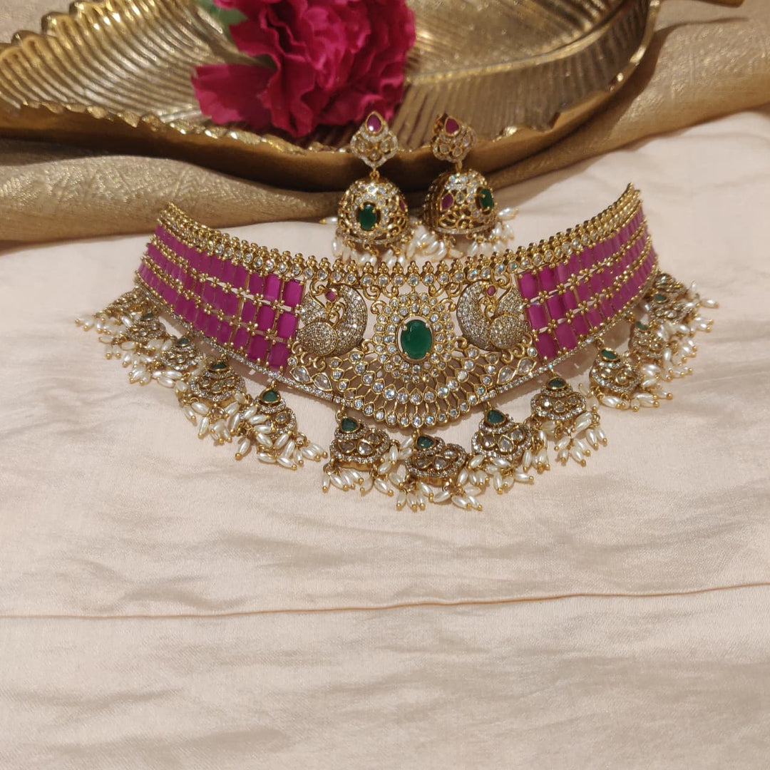 Lustrous Ruby Stone Peacock Choker with Ricepearl Beads