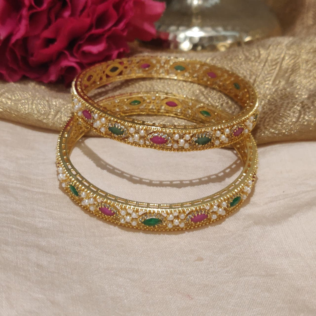 Dazzling Ruby Green AD Stone Pearls Bangles set of 2