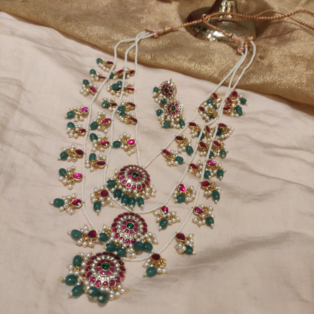 Majestic Floral Jadau Stone Handcrafted 3 Layer Necklace