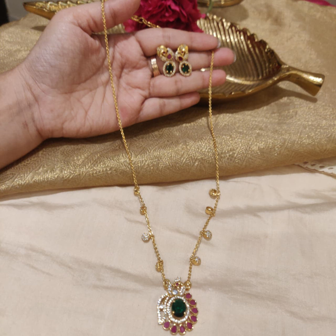 Ornate Gold Plated Long Chain Pendant Necklace Set with Earring