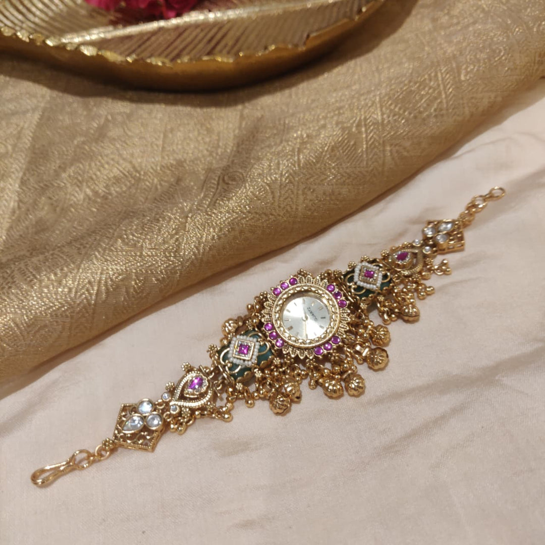Inimitable Gold Plated Red Green Stone Embedded Watch Style Bracelet