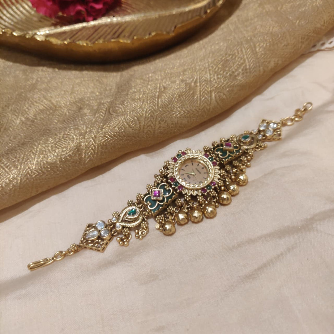 Iconic Gold Plated Green Stone Embedded Watch Style Bracelet