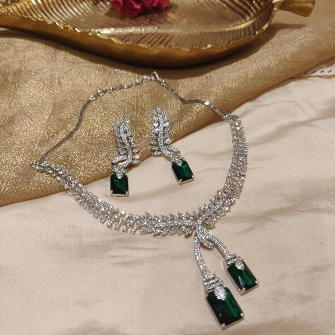 Regal Silver Plated Emerald Green Drop Necklace
