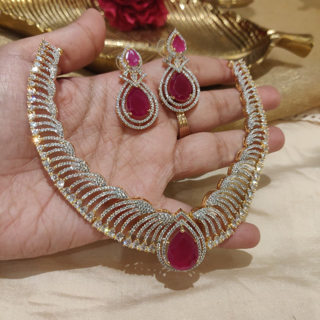 Delicate AD Ruby Pink Stone Necklace