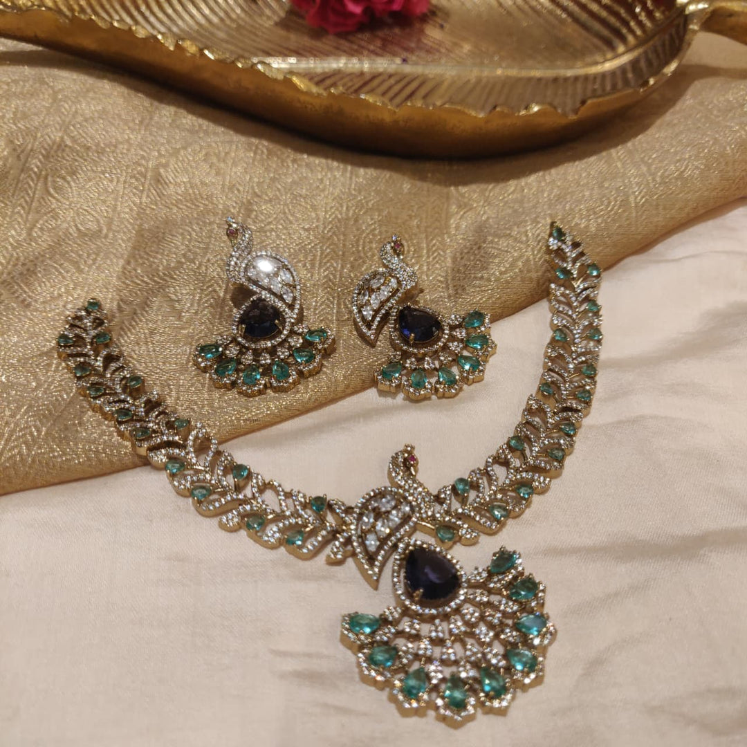Brilliant Green and Blue Stone Peacock Design Necklace