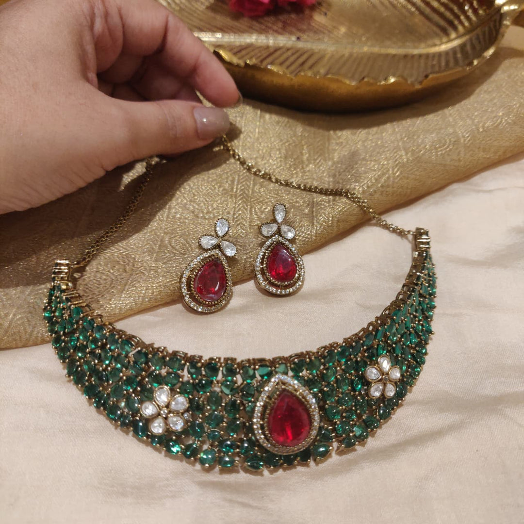 Majestic Green and Ruby Crystal Choker Necklace