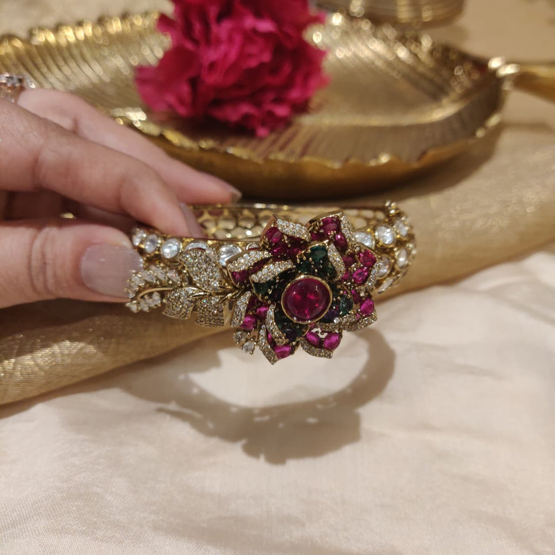 Whimisical Gold Finish Big Flower Ruby Green and Red Kada