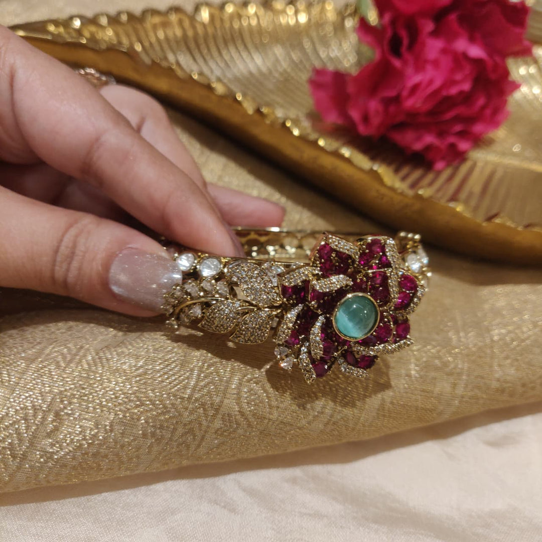 Mesmerizing  Gold Finish Big Flower Ruby and Mint Kada