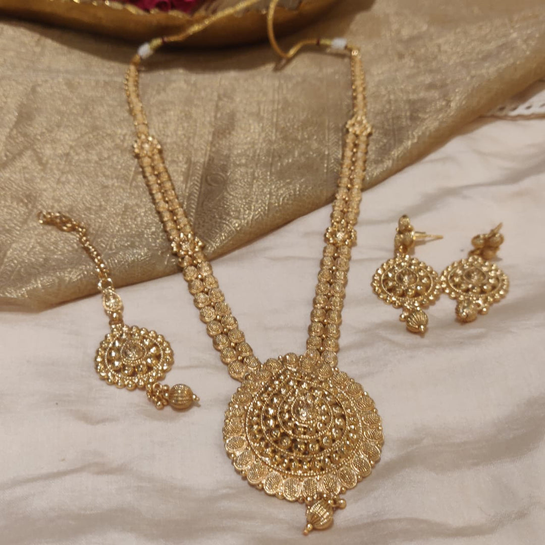 Divine Gold Plated Long Hara Necklace Set with Maang Tikka