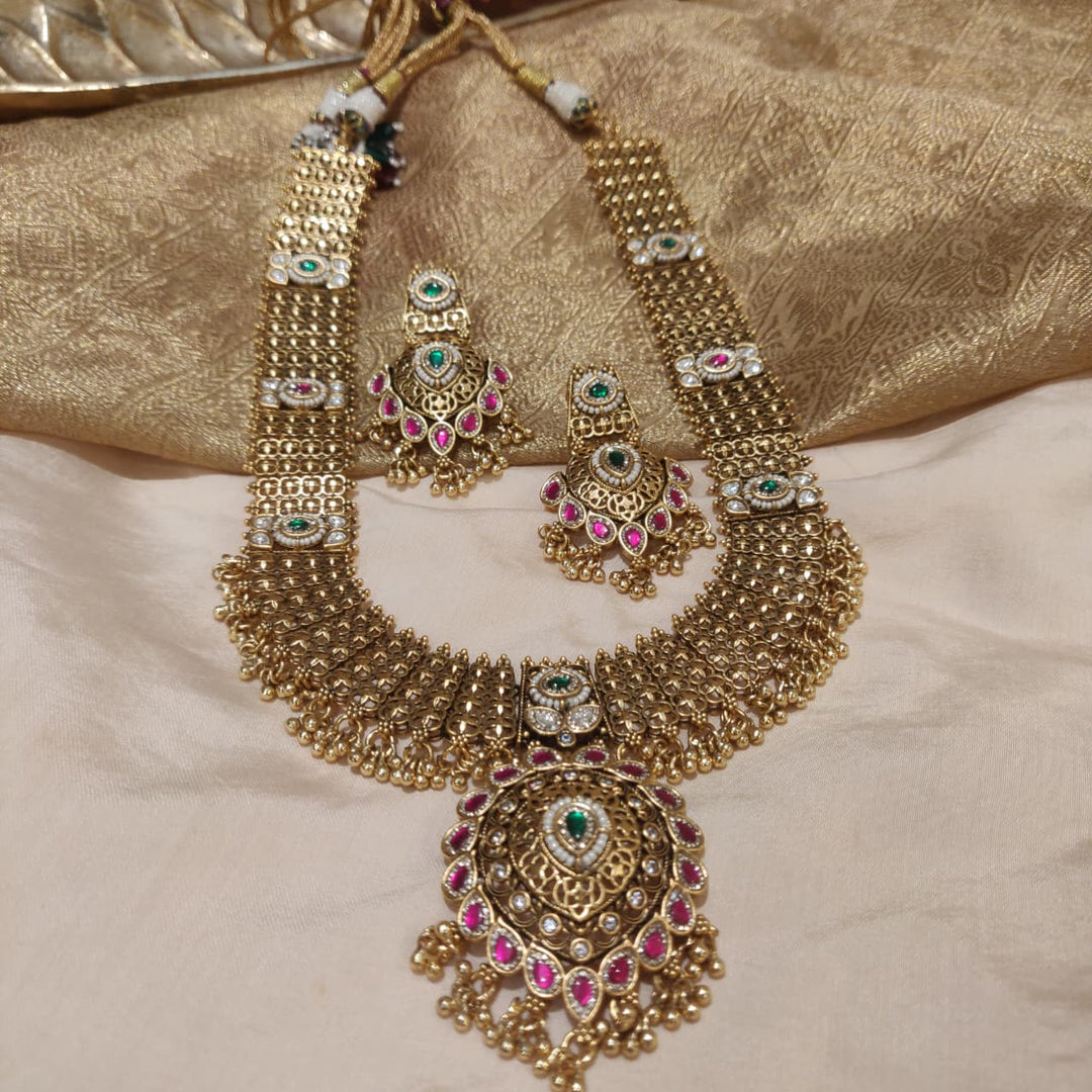 Sparkling Golden Long Necklace with Green Red AD Stones