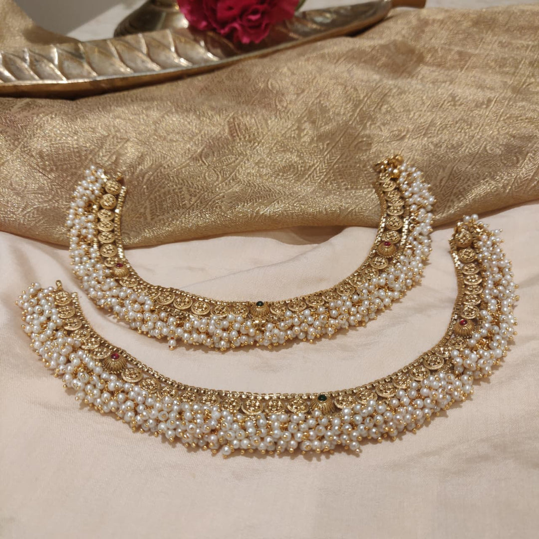 Radiant White Pearl Golden Anklets