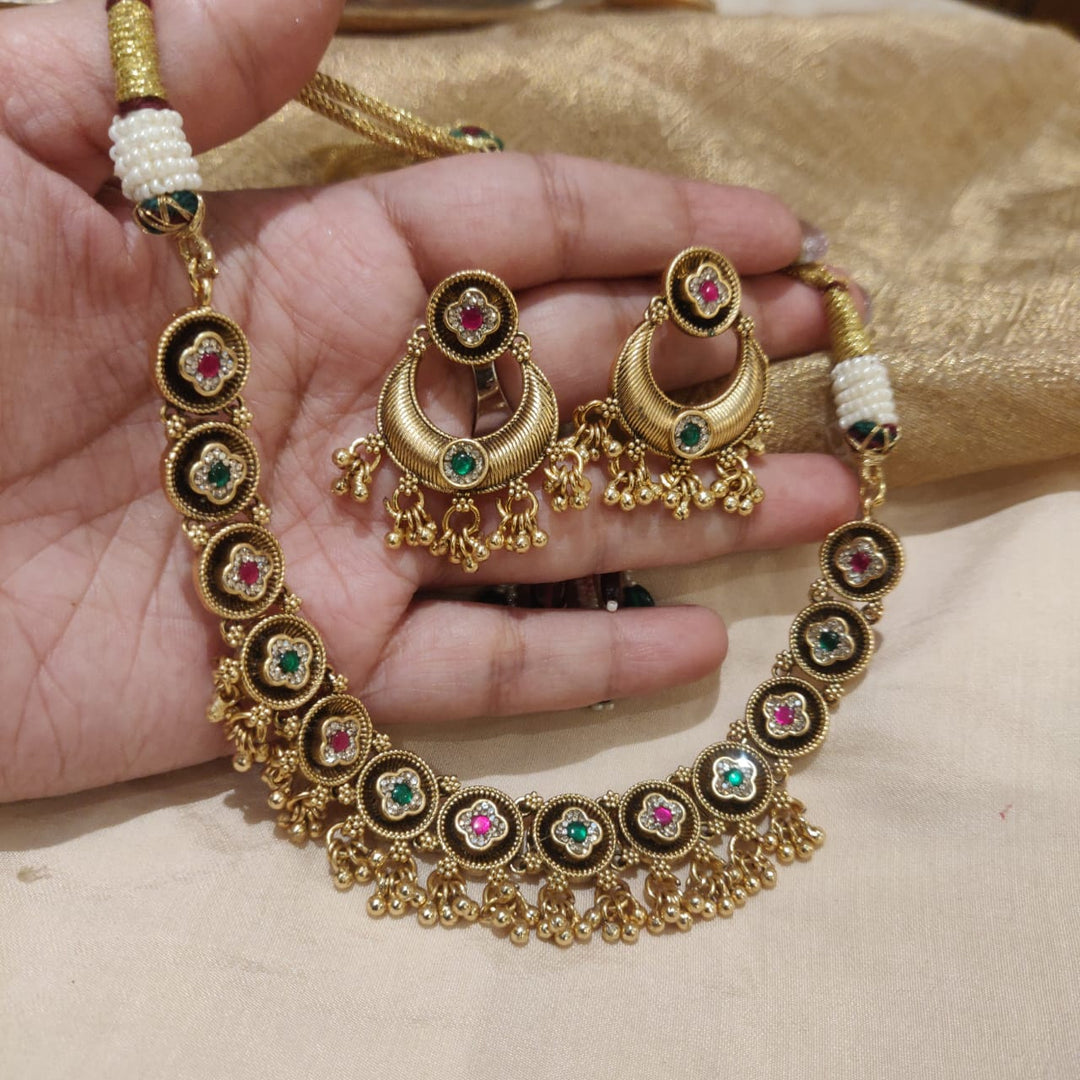 Dazzling AD Green Ruby Stone Floral Necklace with Golden Beads