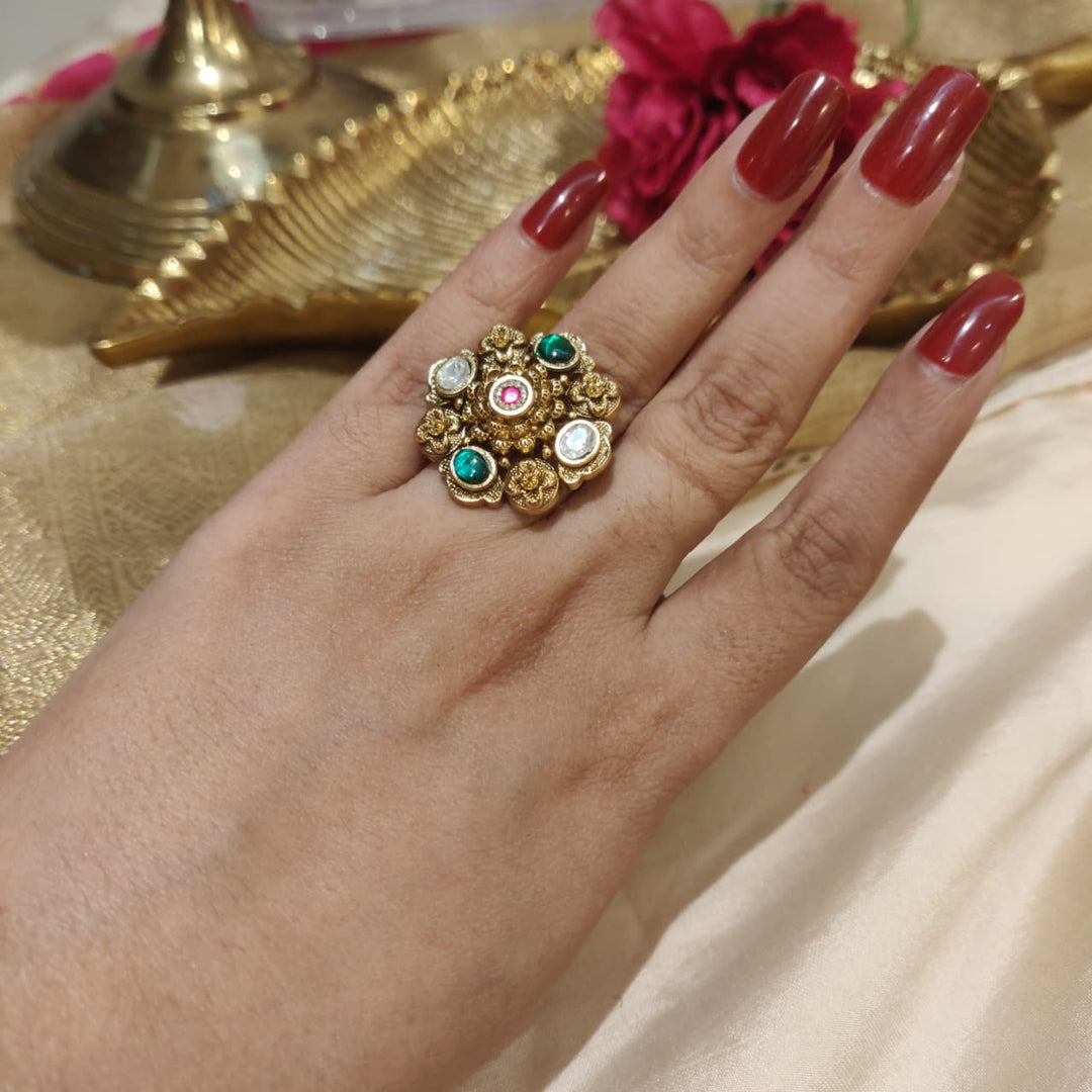 Timeless Floral Crystal Green AD Stone Ring