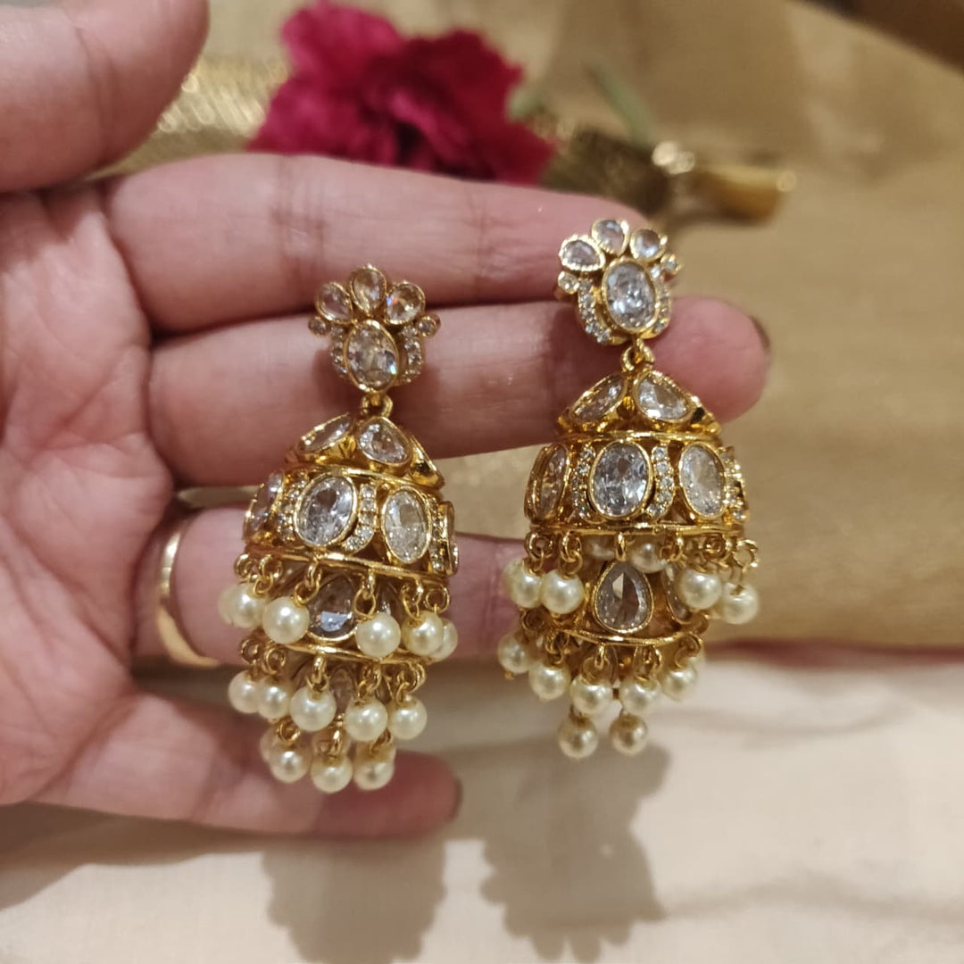 Poised Crystal AD Stone Droplet Jhumka with white Beads