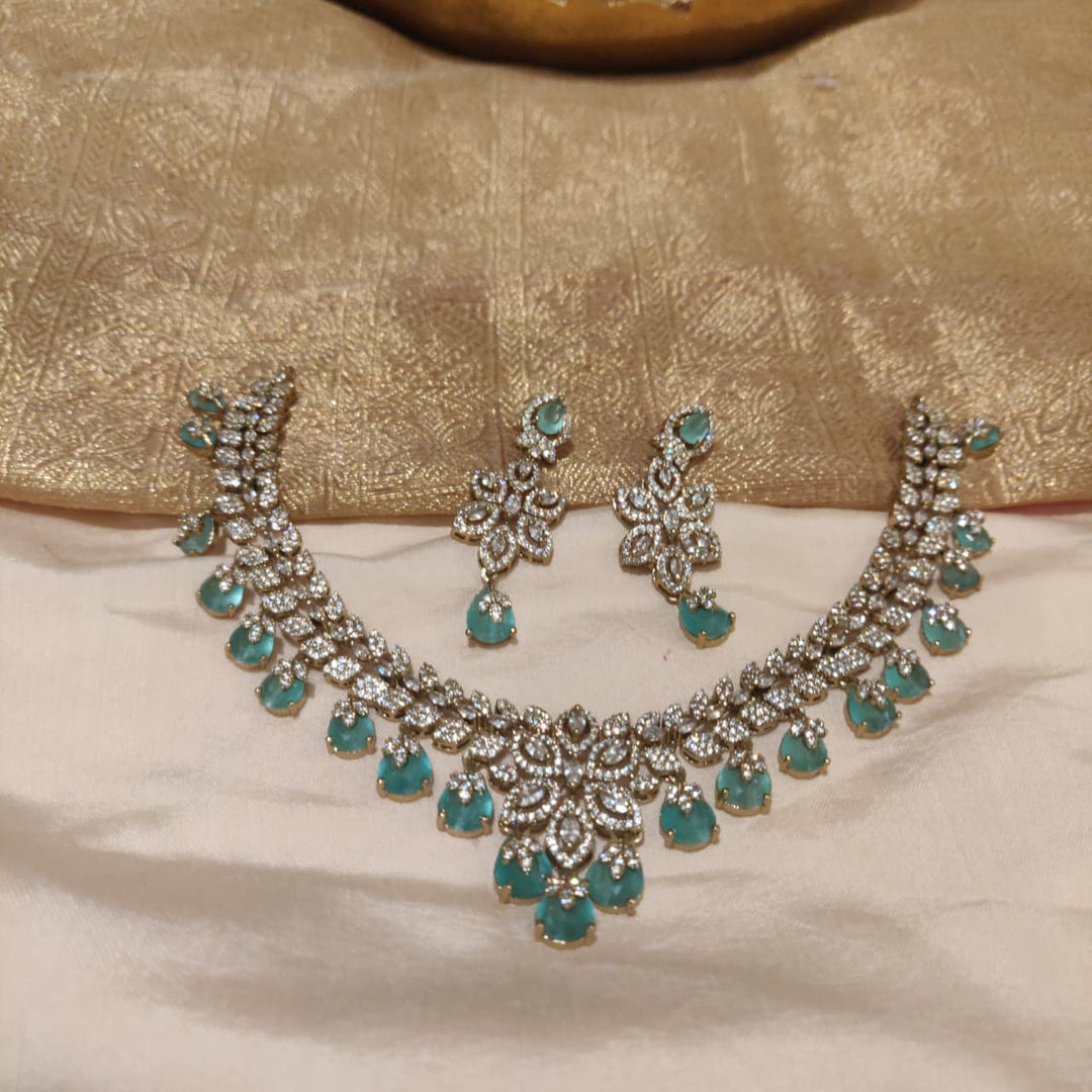 Delicate AD Mint Stone Floral Necklace