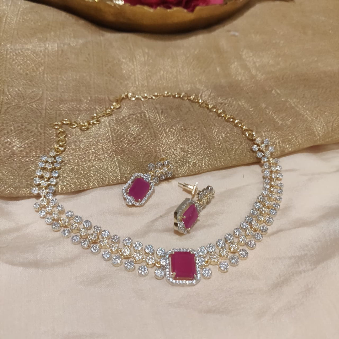 Unique CZ Golden Floral Necklace with Ruby AD Stone