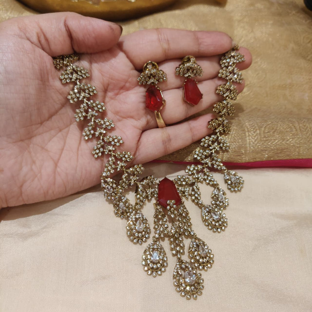 Regal Floral Ruby Stone AD Droplet Necklace