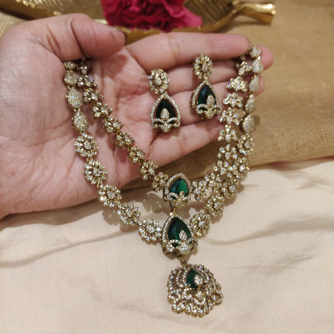 Timeless Floral 2 Layer Green AD Stone Necklace