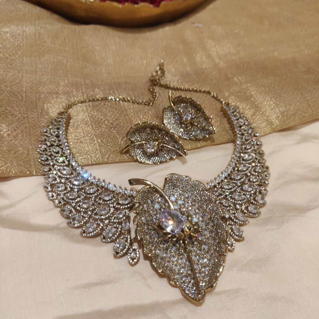 Ornate AD Crystal Stone Leaf Necklace