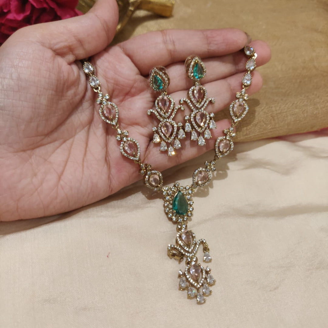 Whimsical Rosepink Mint AD Stone Droplet Necklace