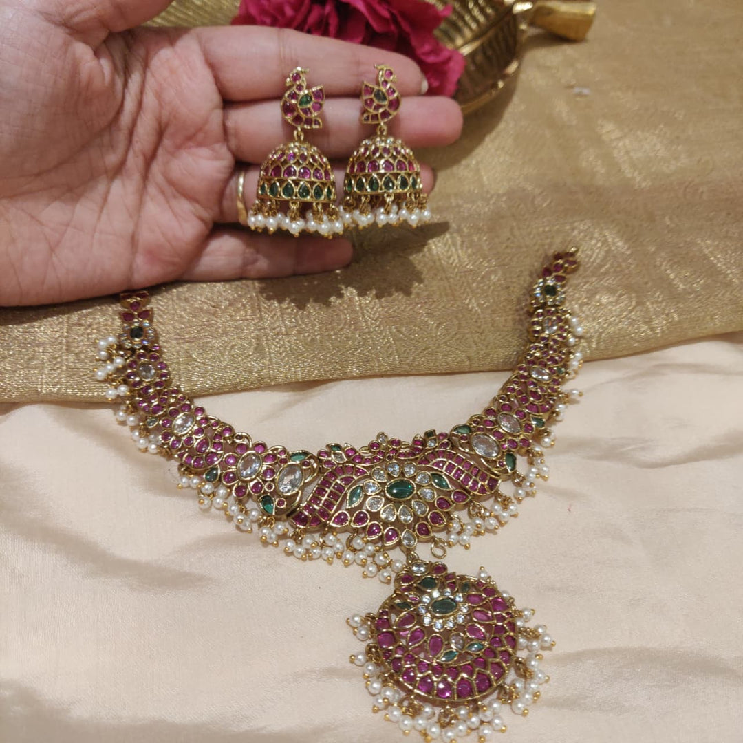 Elegant Floral Jadau Stone Necklace with white Beads