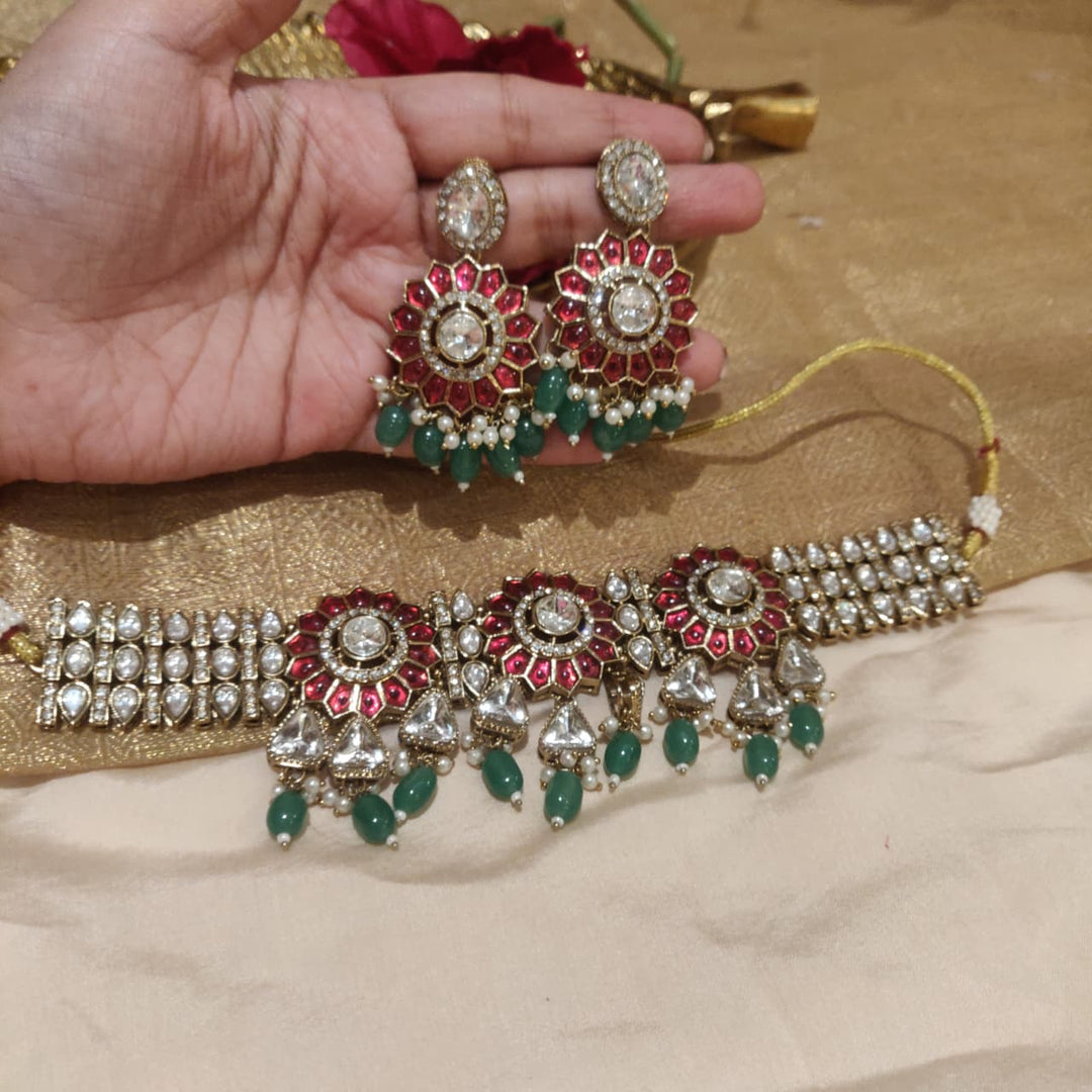 Glamorous Kundan  Stone Floral Choker with Green Beads