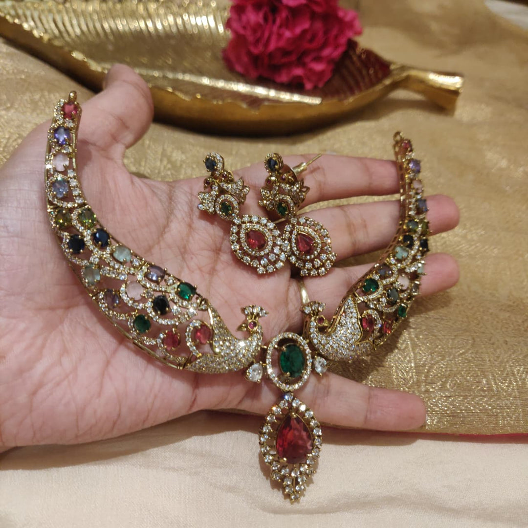 Enchanting Multicolour AD Stone Peacock Necklace