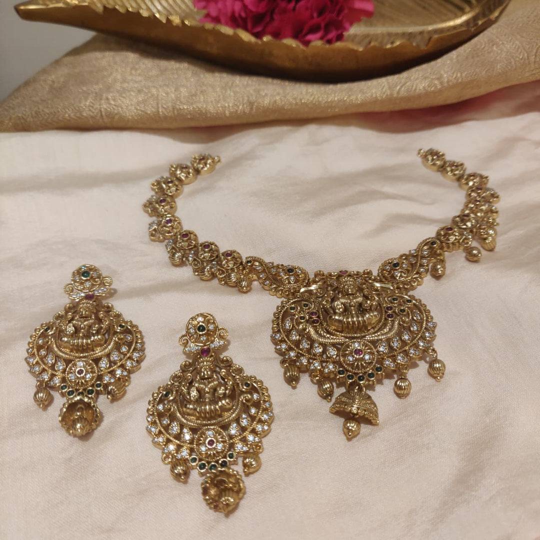 Timeless Floral AD Stone Lakshmi Temple Necklace