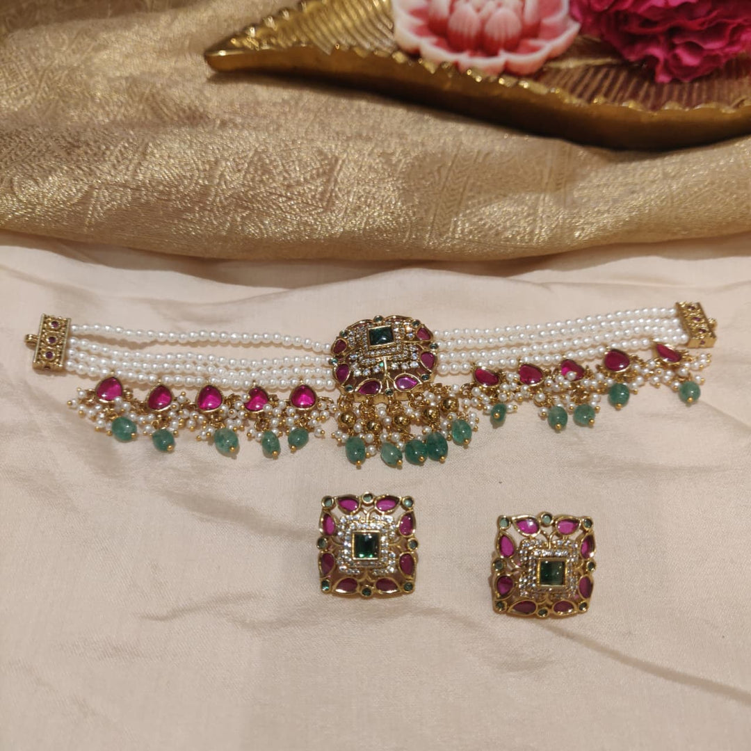Exquisite Pearls Handcrafted Ruby AD Stone Droplet Choker with Green Beads