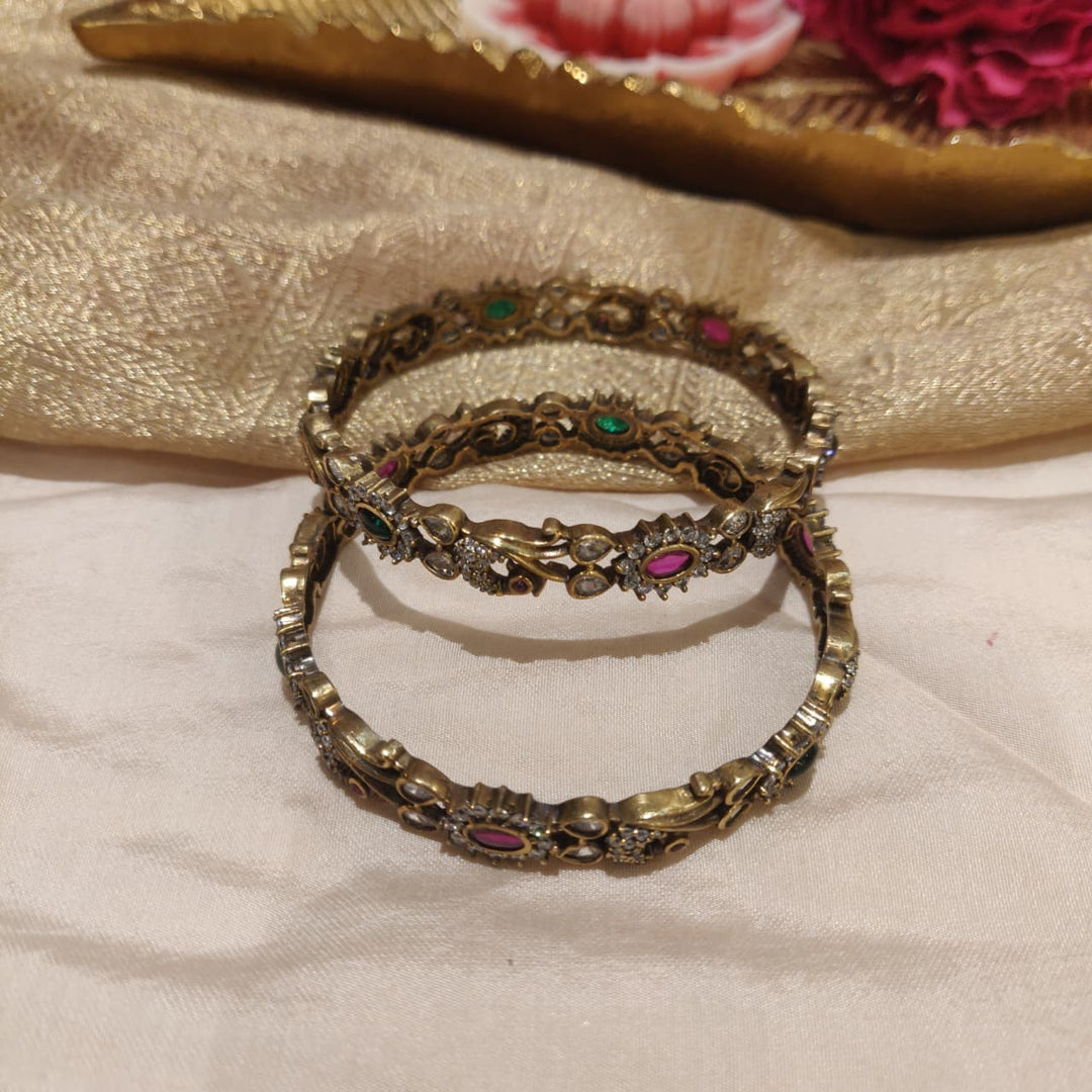Captivating Antique Peacock Ruby Green AD Stone Bangles set of 2