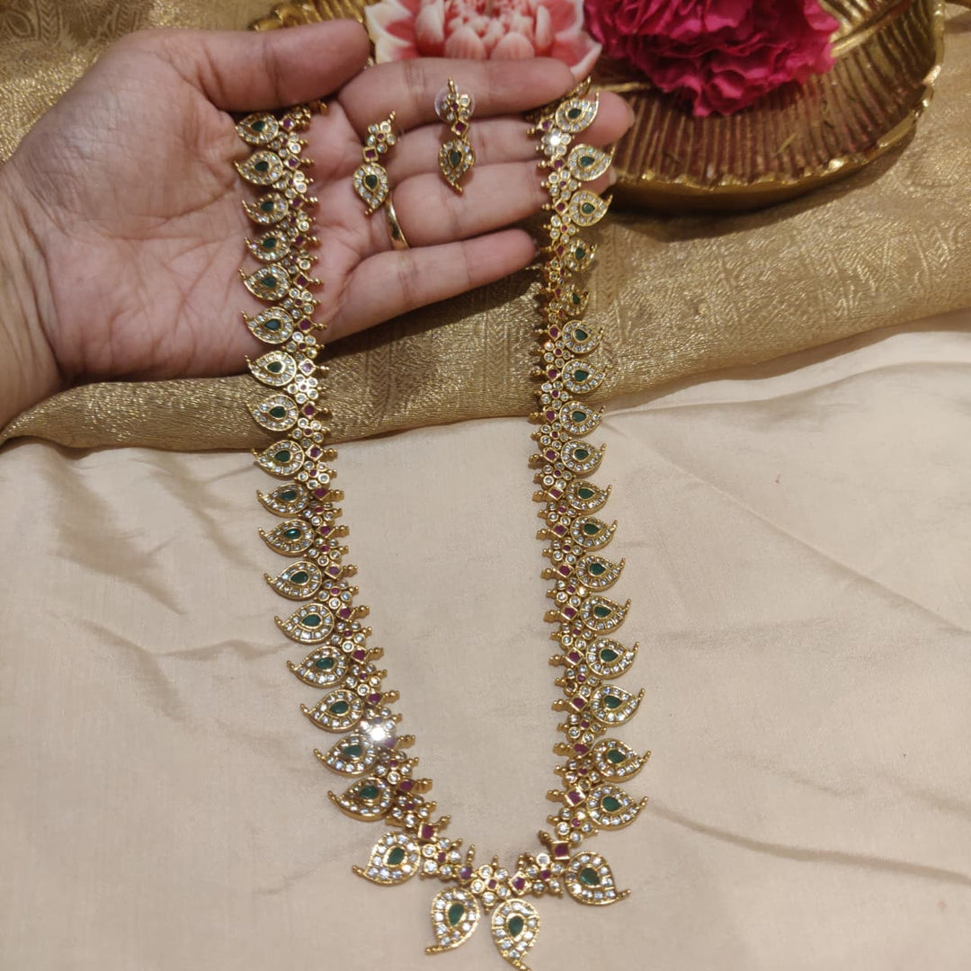 Majestic Floral Green AD Stone Mango Long Necklace