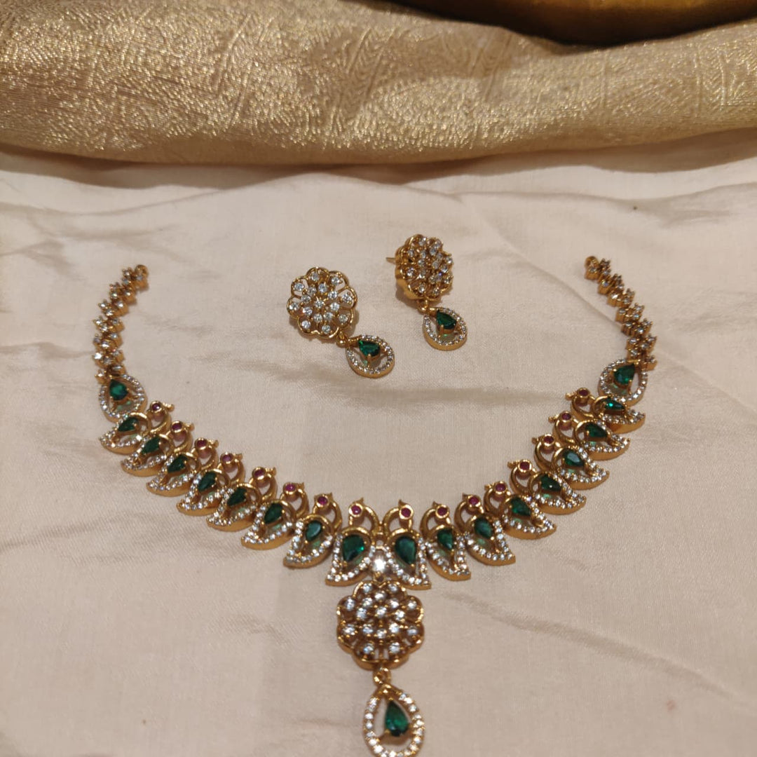 Sparkling Green AD Stone Floral Peacock Necklace
